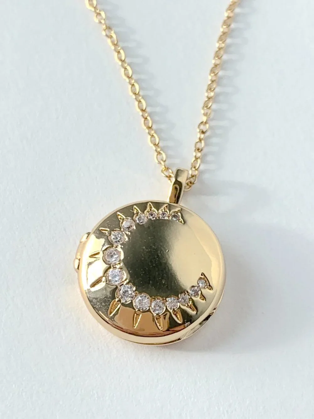 NEW ~ Anthropologie Round CZ Crescent Moon Gold Locket Necklace